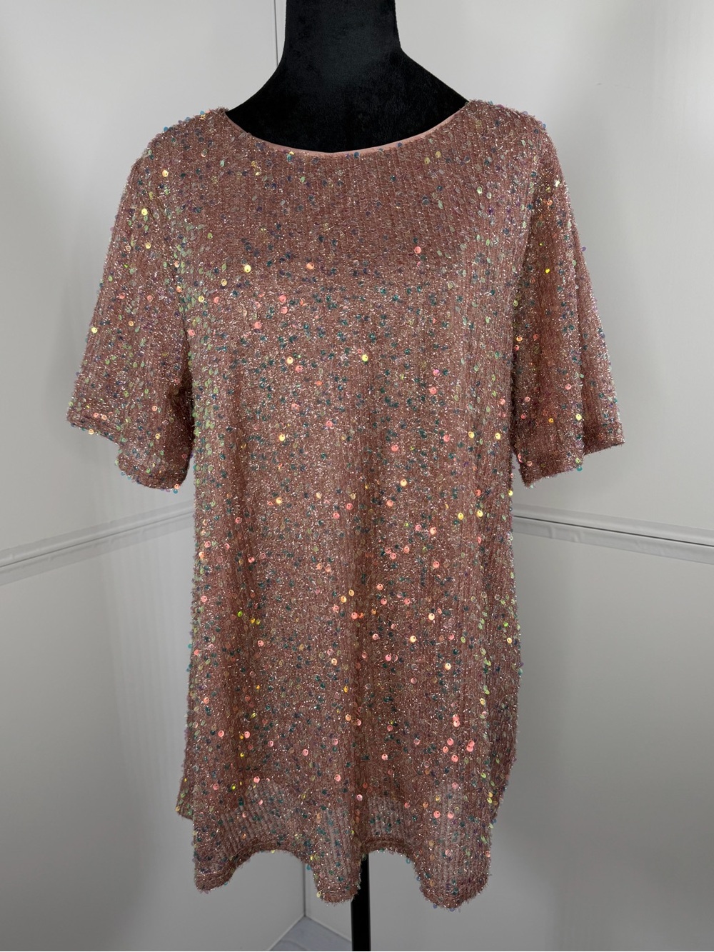 JODIFL Rose Gold Sequin Tunic Top Party Holiday Glam Size Medium